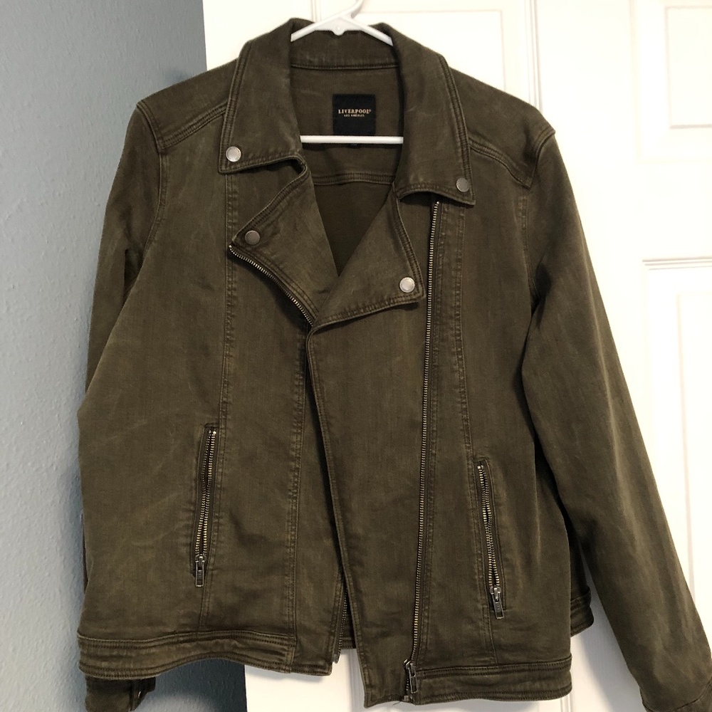Liverpool L.A. moto denim jacket dark green asymmetrical zip jacket